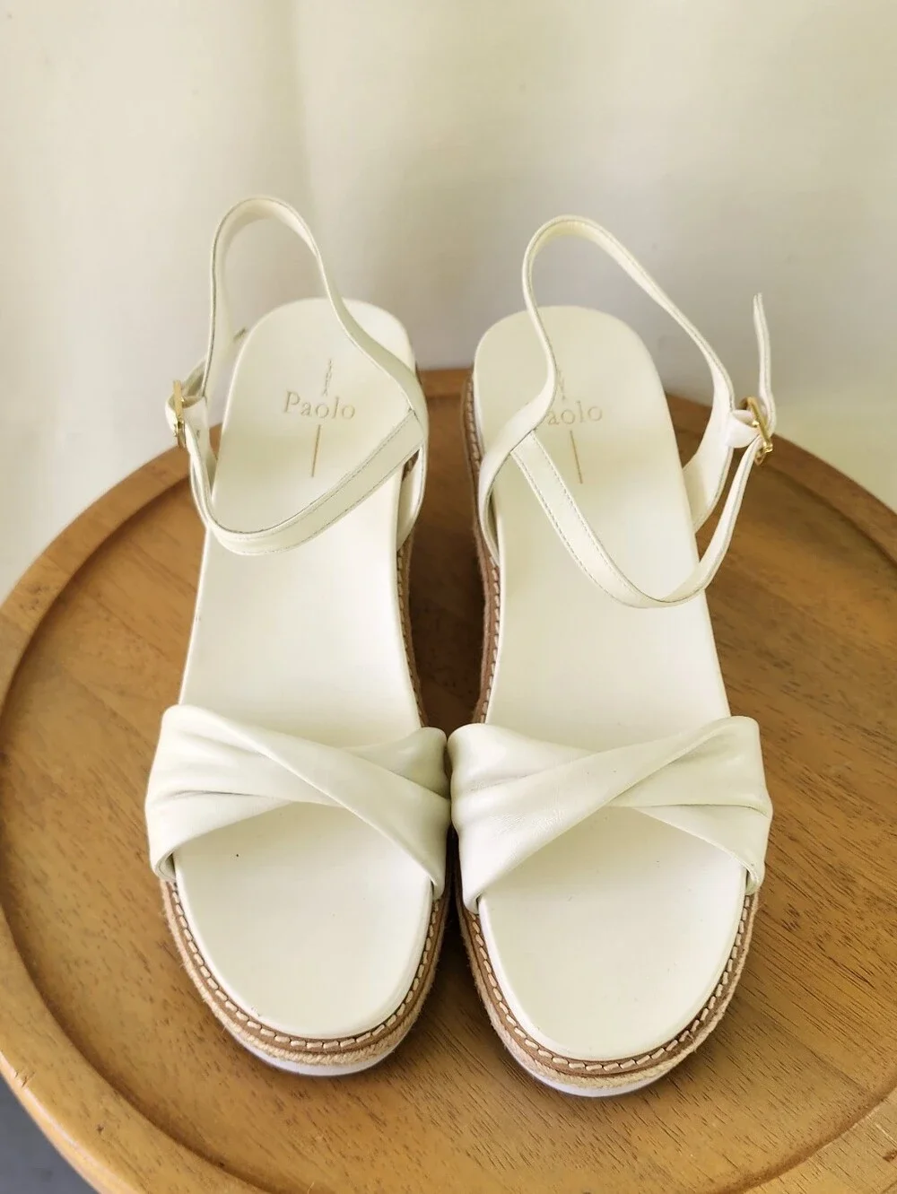 Linea Paolo Verona White Wedge Sandals with Knotted Front and Ankle Strap